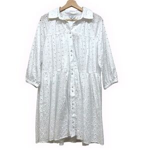 Crown Ivy Shirt Dress Women Size Small White Eyelet Lace Puffy Tier Quiet Luxury